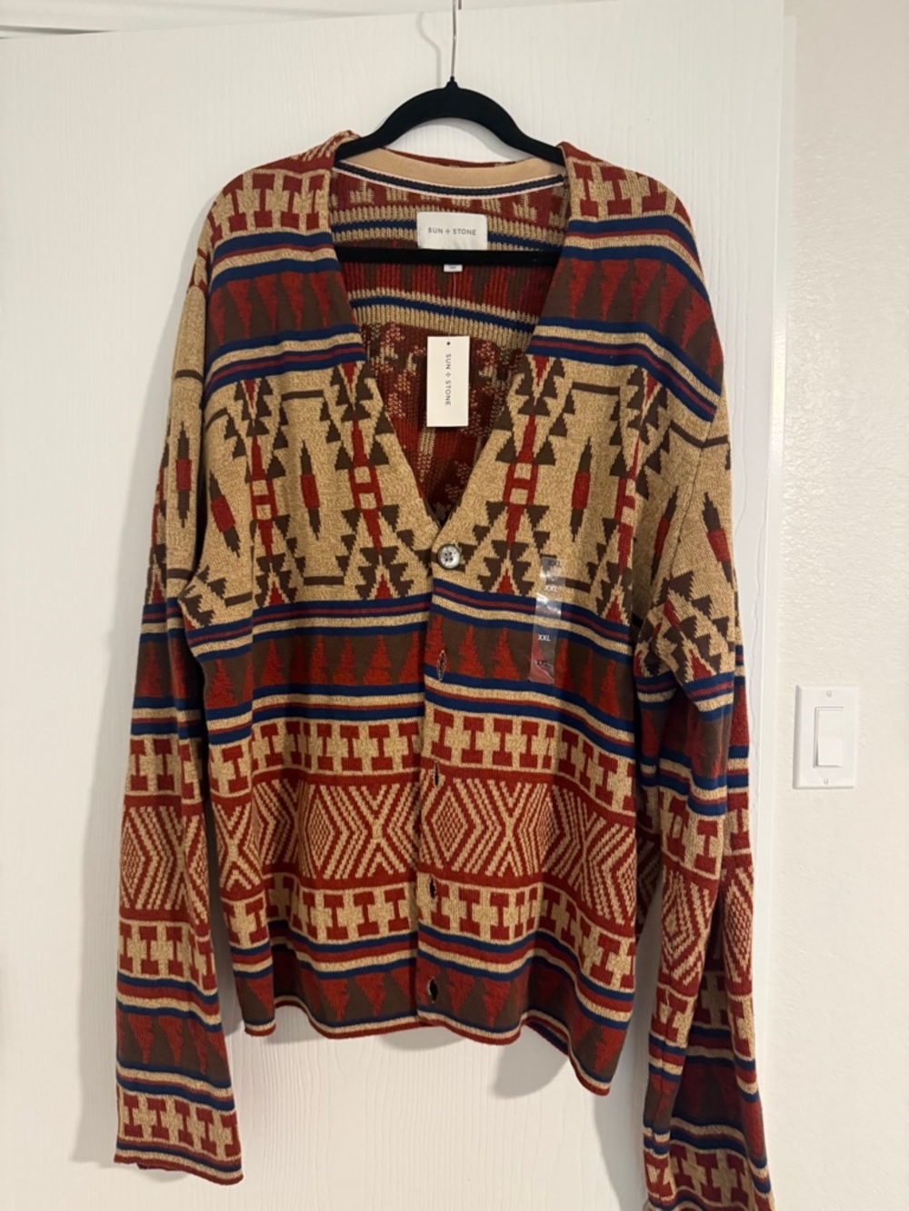 Sun + Stone Multicolor Aztec Knit Cardigan - Red, Tan, Blue